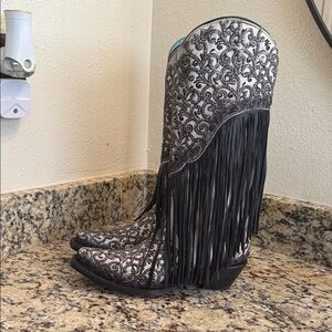 black and white fringe leather cowgirl boots with floral turquoise interior